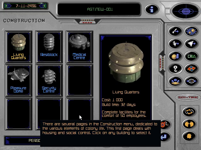 OpenFA Tutorial 1 showing the personnel-support page of the Construction menu