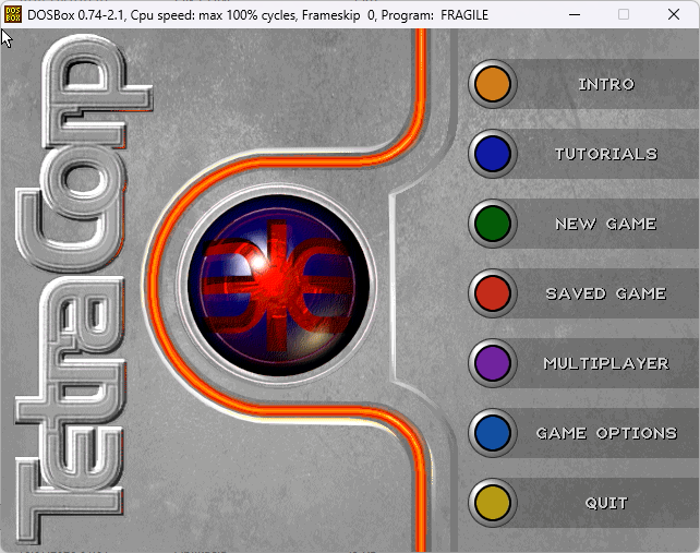 The original Fragile Allegiance main menu running in DOSBox